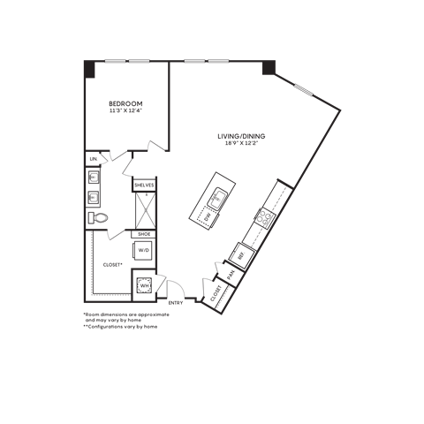 Floor plan for 1 bed, 1 bath, 911 sqft